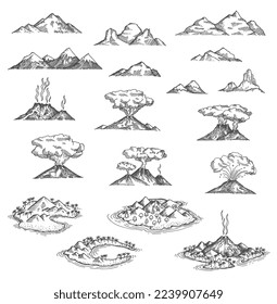 Island mountains and volcano sketch, vector treasure map landscape elements . Volcano lava eruption at sea or ocean beach, sketch etching tropical cove bay with volcanic mountains on island coast