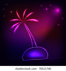 island with a neon palm tree at night