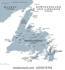 Island of Newfoundland, gray political map. Part of Canadian province of Newfoundland and Labrador with capital St. Johns. Island off the coast of mainland North America southwest of Labrador Sea.