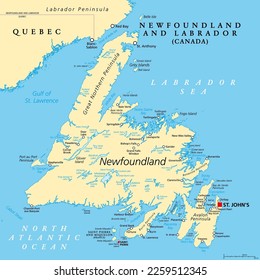 Island of Newfoundland, political map. Part of Canadian province of Newfoundland and Labrador with capital St. John's. Large island off the coast of mainland North America southwest of Labrador Sea.