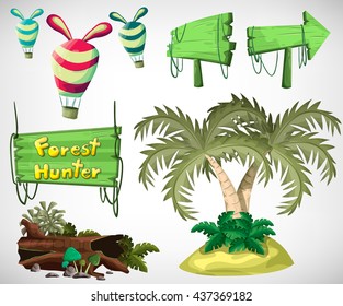 Island objects for the game and animation, game design asset. Vector flat illustrations.