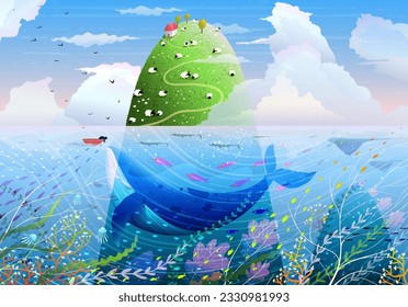 Island in the ocean, green hill sticking out from the sea, environmental and habitat scenery illustration. Hand drawn graphics with whale and underwater life, and mountain in clouds. Vector design.