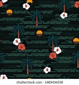 Island in the ocean icon elements  Seamless summer pattern such as palm trees , hibiscus flower , sun . 