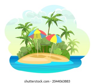 Island in the ocean. Jungle palm trees. Cartoon style. Blue calm sea. Flat design illustration. Isolated on white background. Cozy beach and umbrellas. Vector