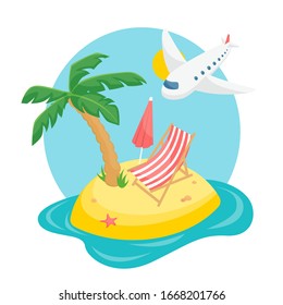 
An island in the ocean with a palm tree and a deck chair. Traveling by plane to tropical countries. Summer vacation concept