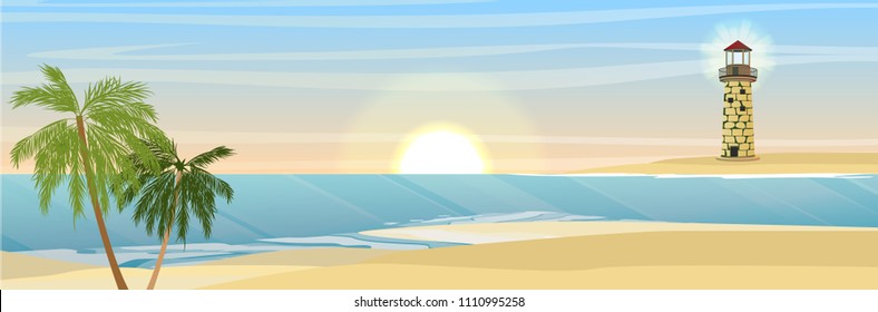 Island in the ocean, a sandy beach and coconut trees. Waves, sea, sea foam. Burning lighthouse. Summer seaside vacation and travel. Vector landscape.
tourism, vacations