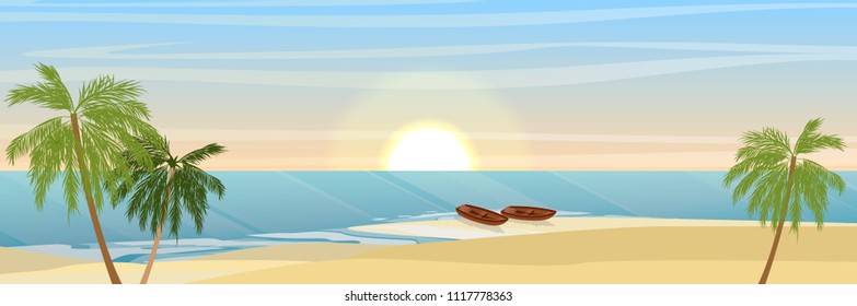 Island in the ocean, a sandy beach and coconut trees. Two wooden boats on the beach. Waves, sea, sea foam. Summer seaside vacation and travel. Vector landscape.