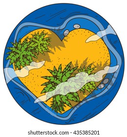 Island in ocean a top view. Resorts and tourism. Color illustration on the theme of travel.
