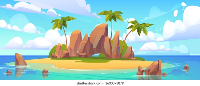 Island in ocean, uninhabited isle with beach, palm trees and rocks surrounded with sea water and cloudy sky above. Tropical landscape, empty land with sand and no people Cartoon vector illustration - Shutterstock ID 1633873879