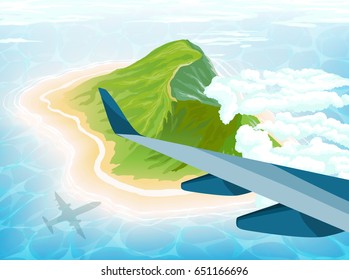 Island in Ocean, view from airplane.