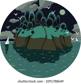 an island in the ocean, with yachts, birds, and a full moon at night