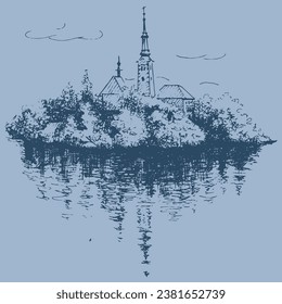 Island on the lake. Linear sketch converted to vector drawing