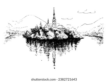 Island on the lake. Linear sketch converted to vector drawing
