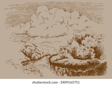 Island on the lake. Linear sketch converted to vector drawing