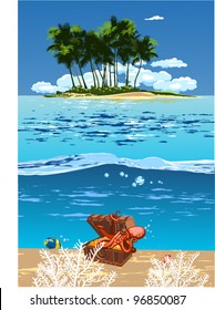 island in the open sea and the treasure chest with an octopus on it