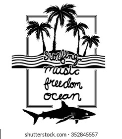 island, palm and surfing.vector printing