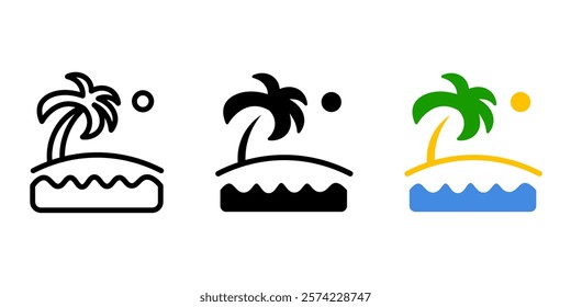 Island with palm tree icon. Beach vacation sign. Resting by the sea symbol. Tropical landscape pictogram. Ocean paradise illustration.