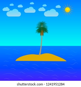 An island with a palm tree in the middle of the ocean. Vector illustration.