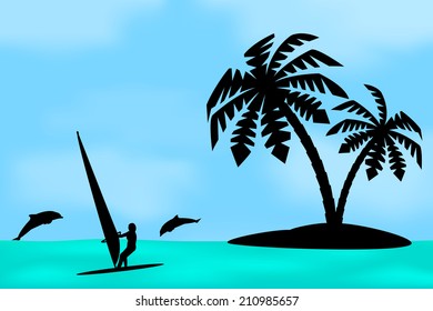 An island with a palm tree on a background of a sea landscape.