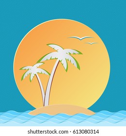 Island with palm tree on background of sun and sea. Paper style. Vector illustration.