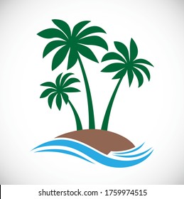 island with palm tree and sea waves concept logo icon