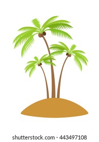 Island with palm tree silhouettes with coconut. Vector illustration isolated on white background