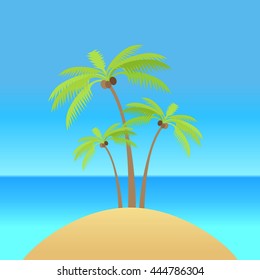 Island with palm tree silhouettes with coconut. Vector illustration. Island in the ocean