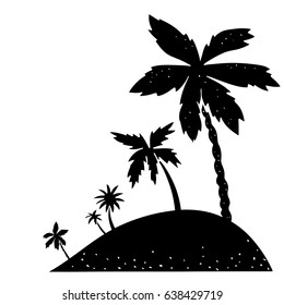 Island with palm trees. Black silhouette hand drawn isolated on white background