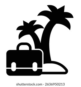 Island with palm trees and briefcase solid icon, remote work concept. Vector graphics. Freelancer portfolio bag sign on white background, style mobile or design
