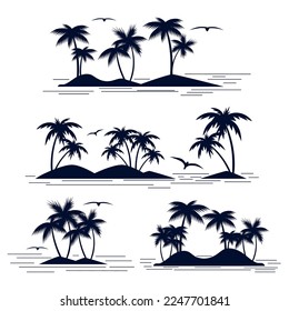 An island with palm trees. The coast is the sea, the ocean. Black silhouette on a white background. Set