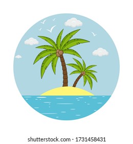 Island with Palm trees, coconuts ,clouds and sea.