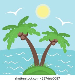 Island with palm trees, coconuts, sea, seagulls, sun, travel