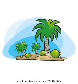 island with palm trees & coconut-vector drawing