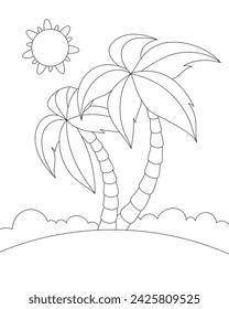 Island with palm trees. Coloring page, icon, black and white vector illustration.