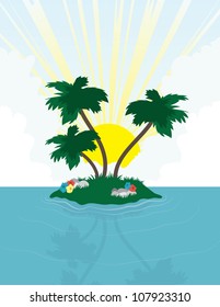 Island with palm trees in front of the bright sun