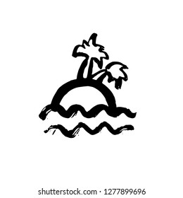 Island with palm trees grunge icon. Tropical island on waves. Vector illustration.