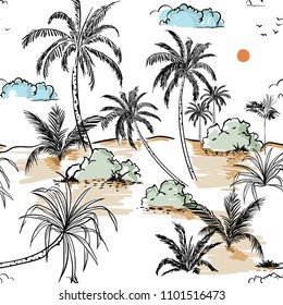 Island and palm trees hand drawing sketch line in seamless pattern vectoe for fashion fabric and all prints on white background