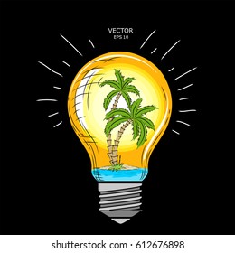 Island with palm trees inside a glass lamp. Vector light bulb with concept of idea. Illustration for print, web. Vector illustration