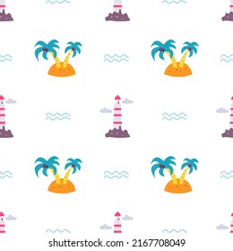 An island with palm trees and lighthouse on white background, vector seamless pattern.