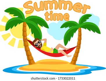 An island with palm trees and a man in a hammock. Holiday