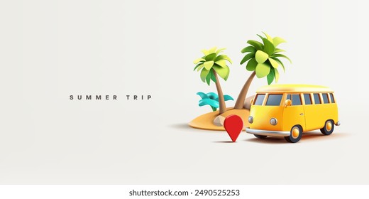 Island, palm trees, minibus, navigation icon, 3D. Concept of summer travel, road adventure, rest, weekend. Vector