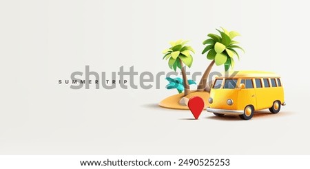 Island, palm trees, minibus, navigation icon, 3D. Concept of summer travel, road adventure, rest, weekend. Vector