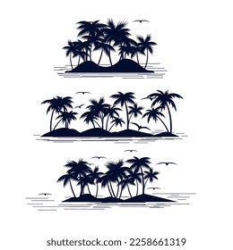 An island with palm trees. Ocean. Black silhouette. Vector set.