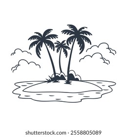 Island with palm trees in the ocean. Summer landscape. Monochrome illustration. Sketch