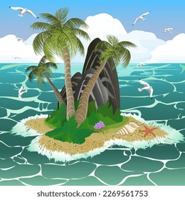 Island with palm trees in the ocean.Vector illustration with palm trees, flowers and mountains on a small island in the ocean.