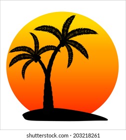 island with palm trees on sunrise on white background, vector illustration