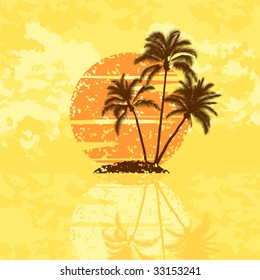 Island with palm trees on a sunset