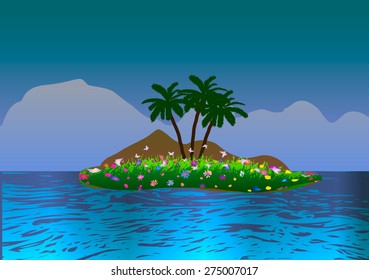 Island with palm trees and plants in the ocean. 