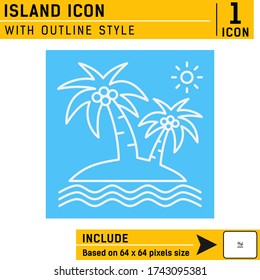 island and palm trees premium icon with outline style isolated on blue background. Vector illustration concept design template for graphic, web design, mobile app, sign, logo, UI, UX and holiday