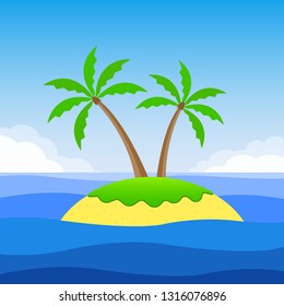 Island with palm trees and the sandy beach. Tropical landscape with island, sea or ocean and sky. Vector illustration.